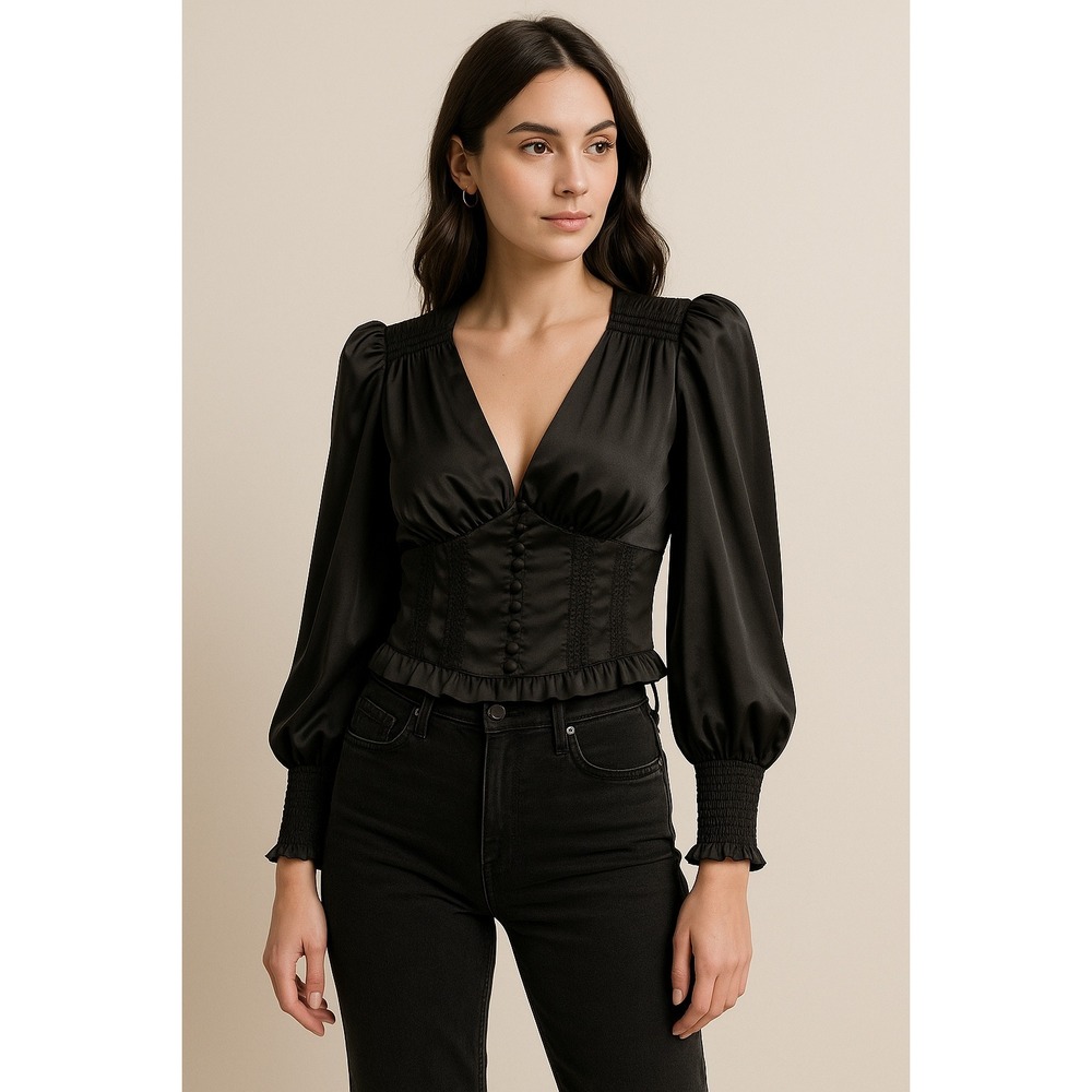 Heartloom Black V Neck Smocked Waist Corset‎ Top Puff Sleeve Button Front Medium